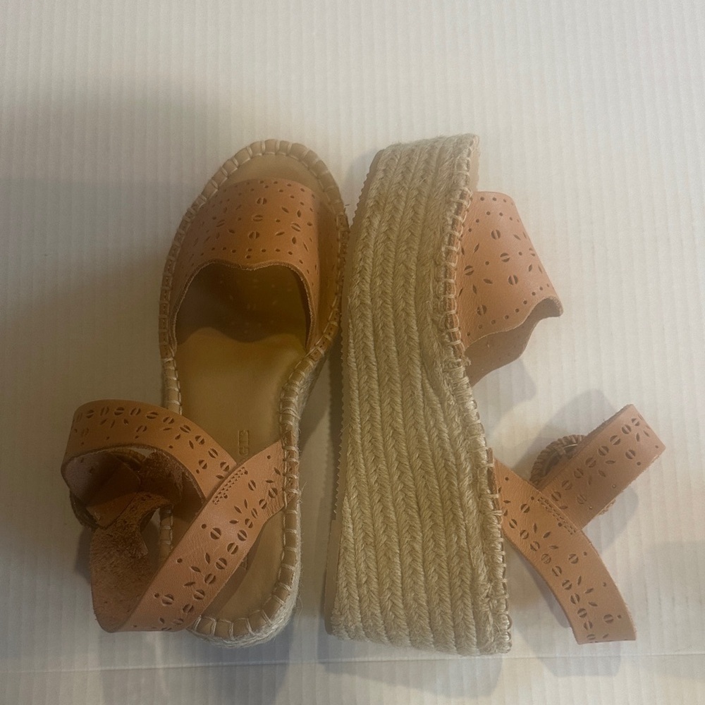 Soludos x Anthro laser tan Sofia Tan leather Woven Platform espadrille Sandals - Picture 2 of 13